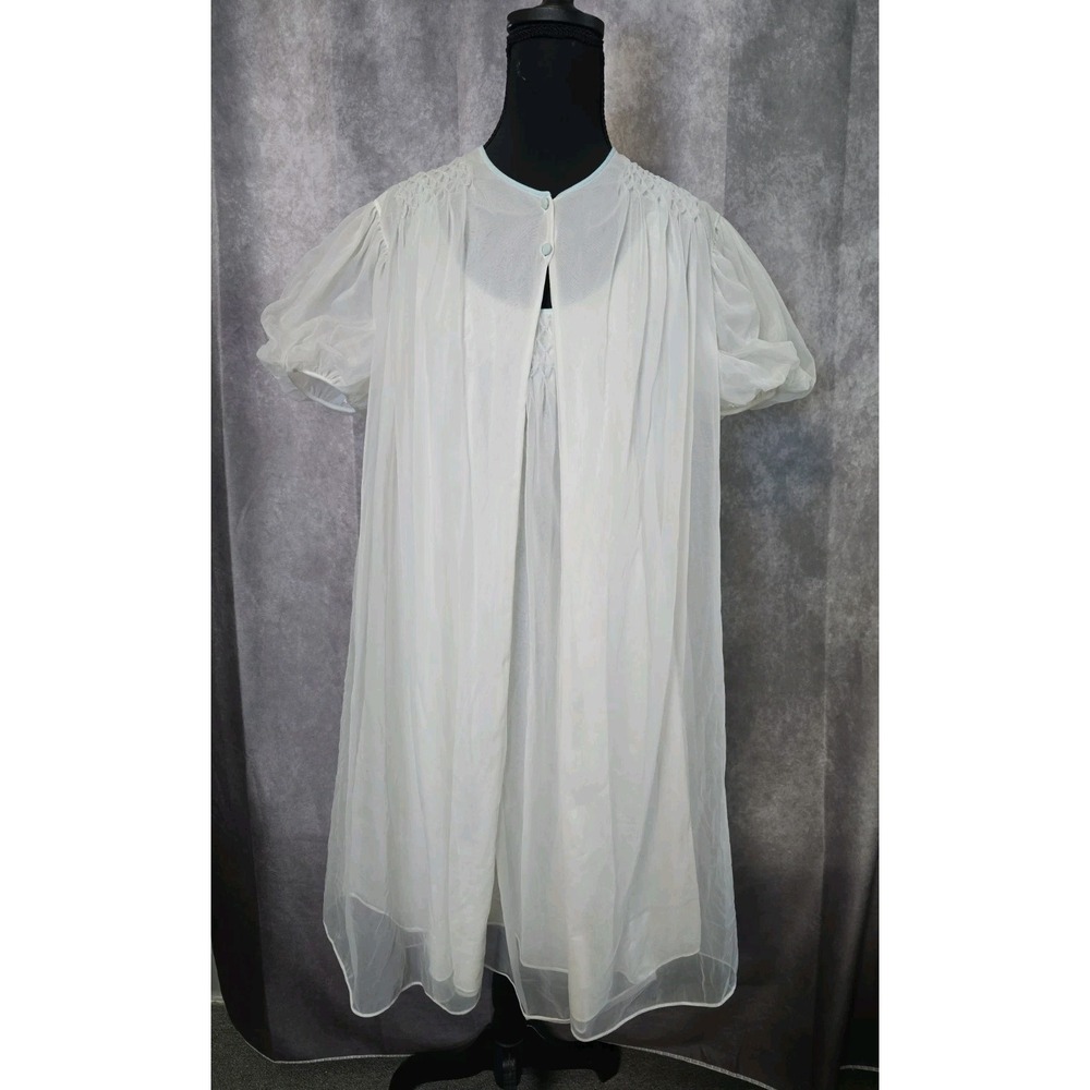 VTG 60s Molla Kaye White Sheer Chiffon Smocked Peignoir Set Babydoll Bridal